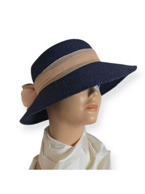 Silverstone Navy Straw Sun Hat with Blush Rose Trim OS (22” Circumference)